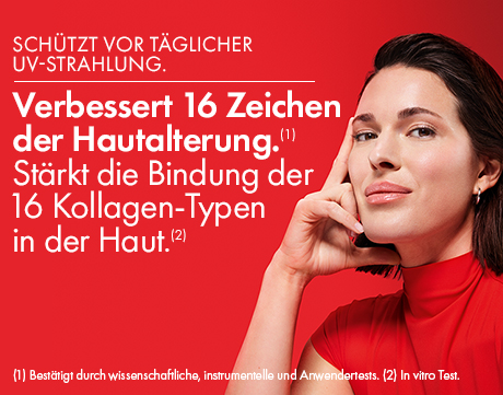 Frau mit Gesicht. Text: Verbessert 16 Zeichen der Hautalterung. Stärkt die Bindung der 16 Kollagen-Typen.