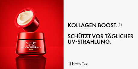 Vichy Liftactiv Collagen Specialist 16 LSF50 Creme. Roter Tiegel und Nachfüllkapsel. Text: Kollagen Boost.