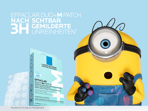 La Roche Posay Effaclar DUO+M Patch Packung mit 22 Pflastern. Minion-Figur im Vordergrund.