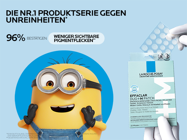 La Roche Posay Effaclar DUO+M Patch Packung mit 22 Pflastern. Minion-Figur. DIE NR.1 PRODUKTSIERIE GEGEN UNREINHEITEN.