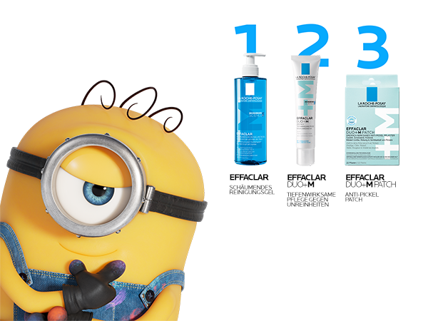 Minion-Figur neben La Roche Posay Effaclar Reinigungsgel, DUO+M Creme und DUO+M Patch Packung.