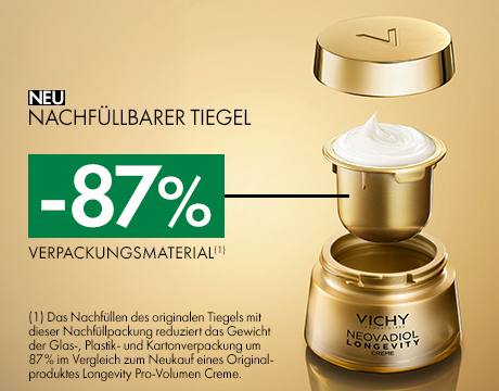 Nachfüllbarer Tiegel. Text: -87% Verpackungsmaterial.