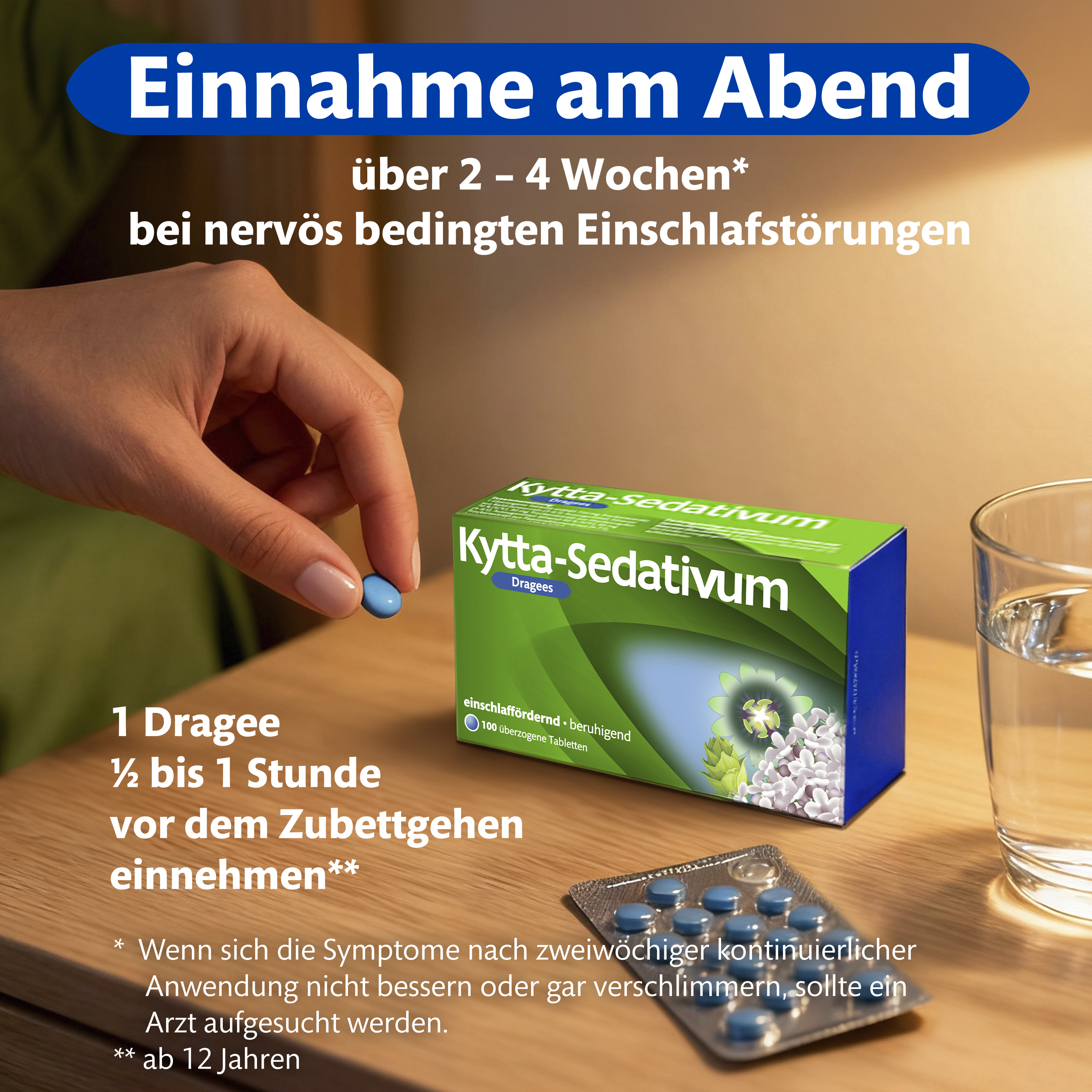 Kytta-Sedativum Dragees Packung und Tabletten. Einnahme am Abend. 1 Dragee vor dem Schlafengehen.