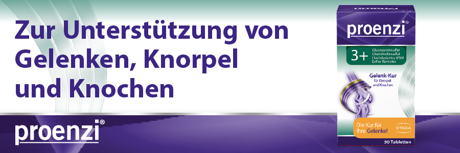 Proenzi 3+ Gelenk-Kur Tabletten-Packung. Text: Zur Unterstützung von Gelenken, Knorpel und Knochen. 90 Tabletten.