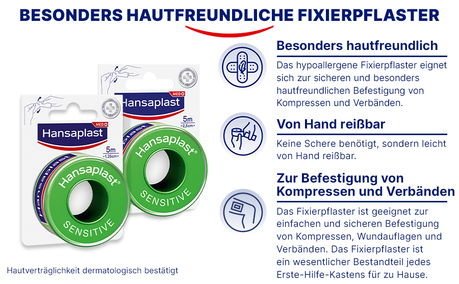 Zwei Packungen Fixierpflaster. Text: Besonders hautfreundliche Fixierpflaster. Von Hand reißbar. Zur Befestigung von Kompressen und Verbänden.