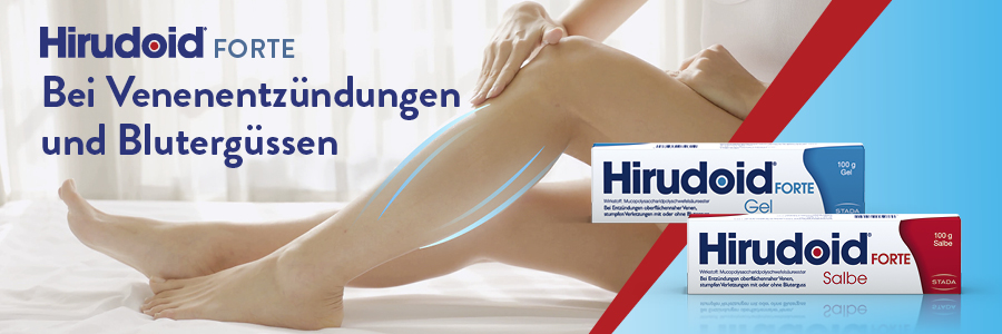 Frau sitzt, Bein mit blauen Linien. Unten: Hirudoid Forte Gel und Salbe. Text: Bei Venenentzündungen und Blutergüssen.