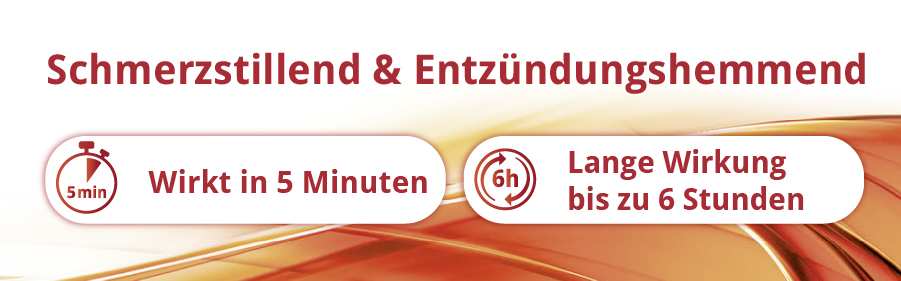 Schmerzstillend & entzündungshemmend. Wirkt in 5 Minuten. Lange Wirkung bis zu 6 Stunden.