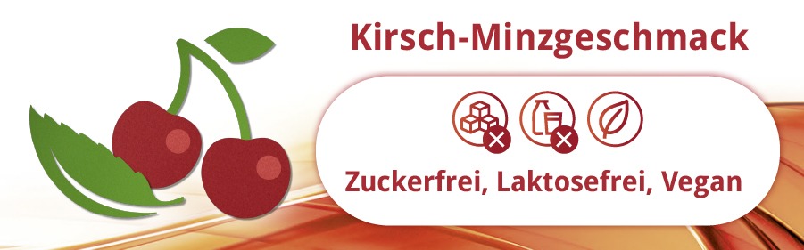 Kirsch-Minzgeschmack. Abbildung von Kirschen und Minzblatt. Zuckerfrei, laktosefrei, vegan.