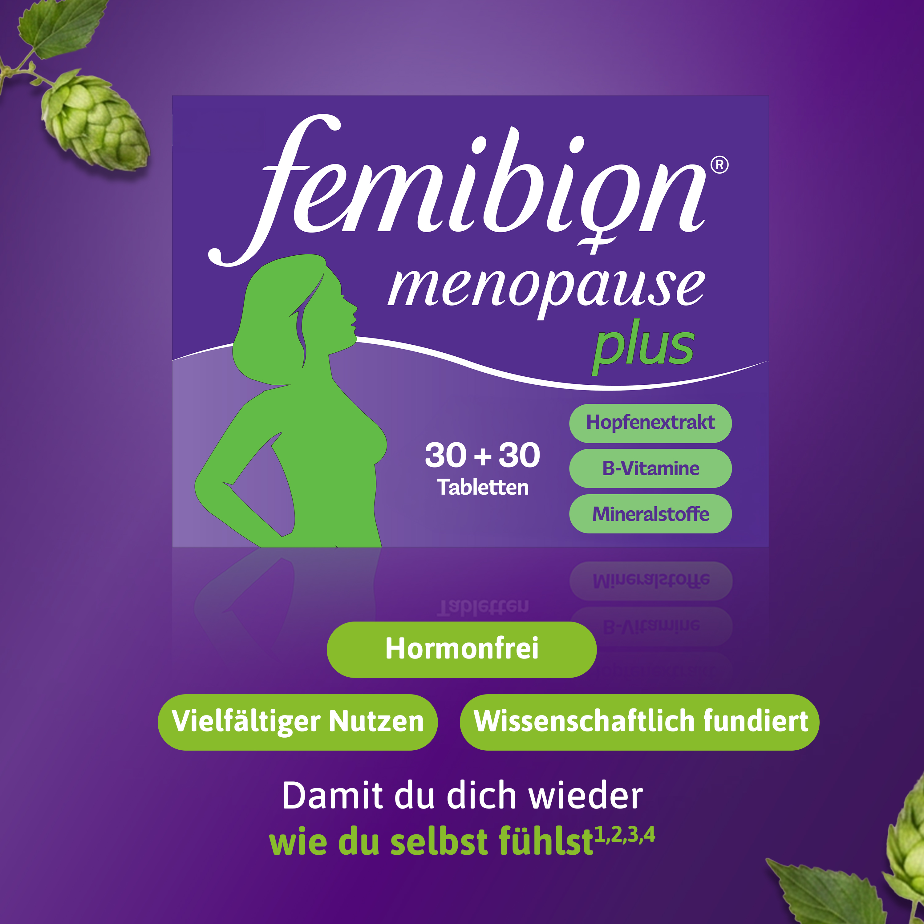 Packung Femibion Menopause Plus mit Symbolen für Hitzewallungen, mentale Leistung und Knochengesundheit.