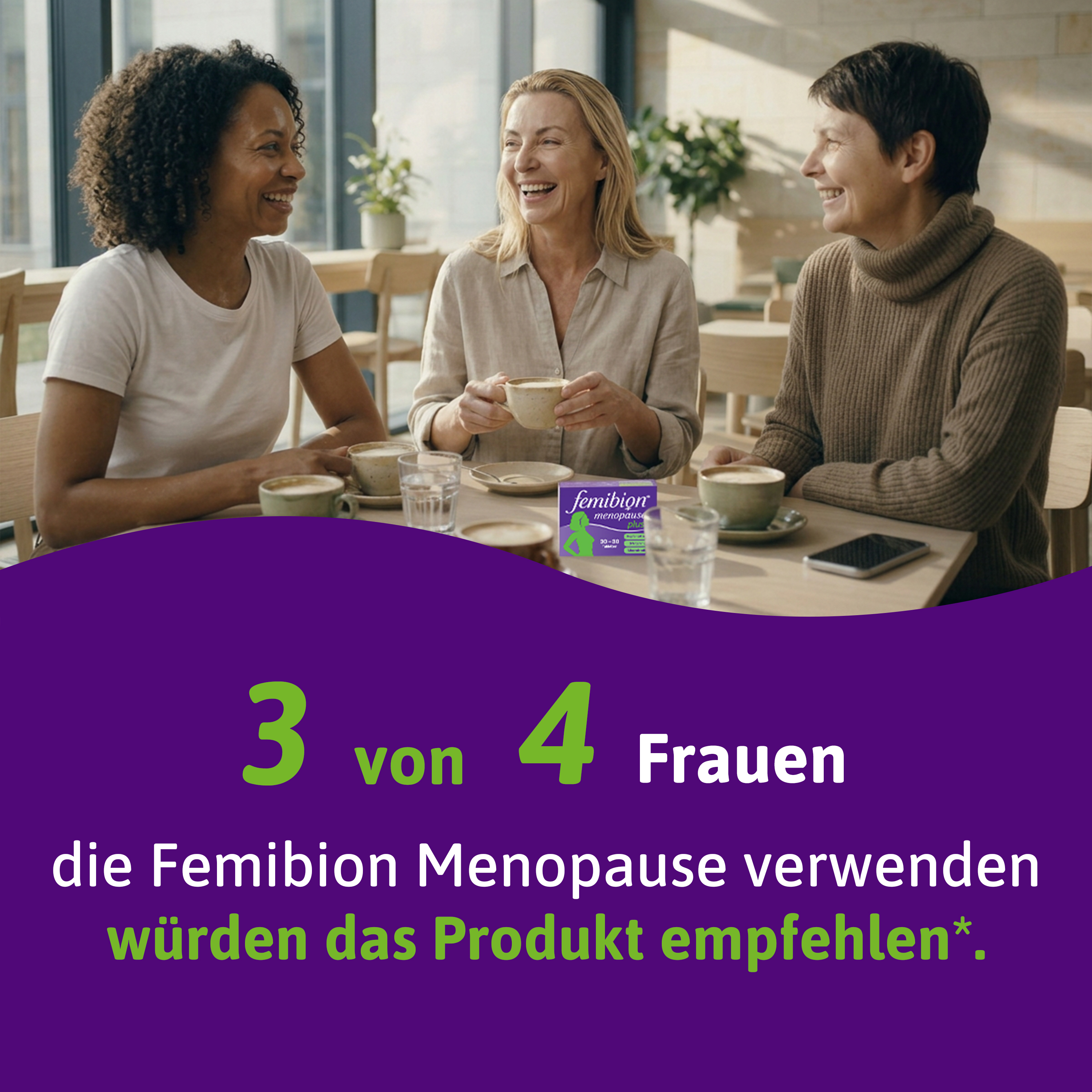Hand hält zwei Tabletten, daneben Hinweise zu Knochengesundheit, Energiefreisetzung und Hitzewallungen.