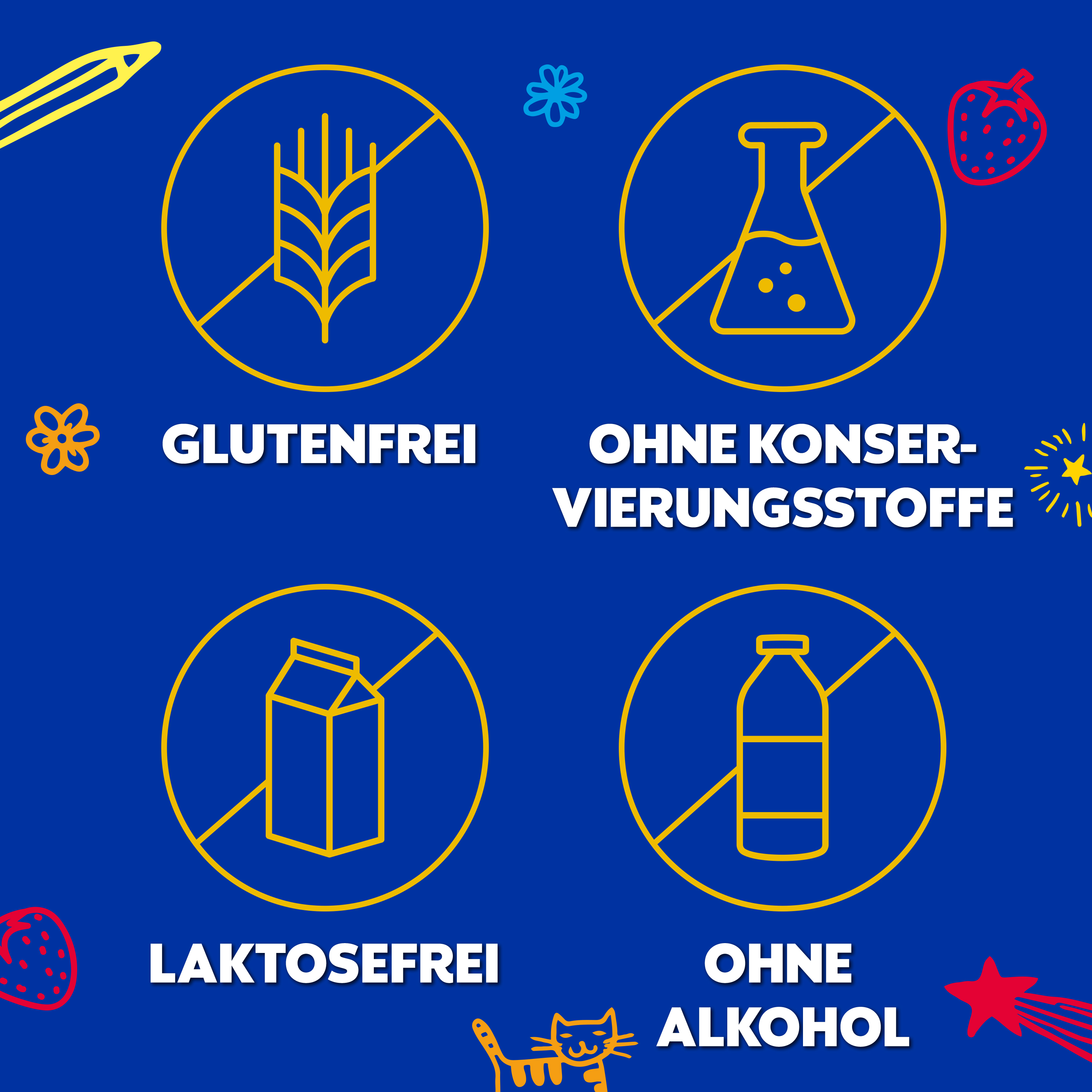 Symbole: Glutenfrei, ohne Konservierungsstoffe, laktosefrei, ohne Alkohol.