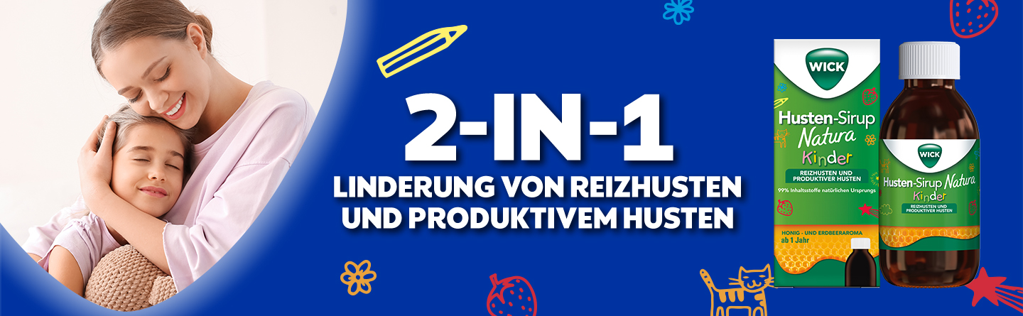 Mutter und Kind. Text: 2-IN-1 Linderung von Reizhusten und produktivem Husten. WICK Husten-Sirup Natura Kinder.
