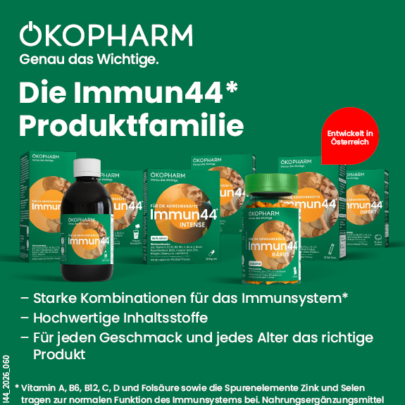 Immunstärkung für die ganze Familie. ÖKOPHARM Immun44 Saft. Ab 3 Jahren. Vitamin C.
