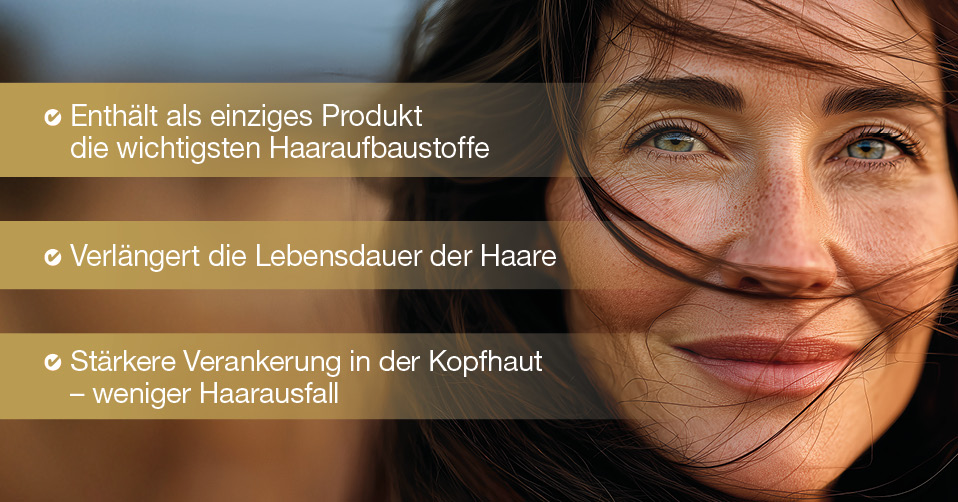 Frau mit braunen Haaren. Text: Enthält Haaraufbaustoffe, verlängert Lebensdauer, stärkere Verankerung.