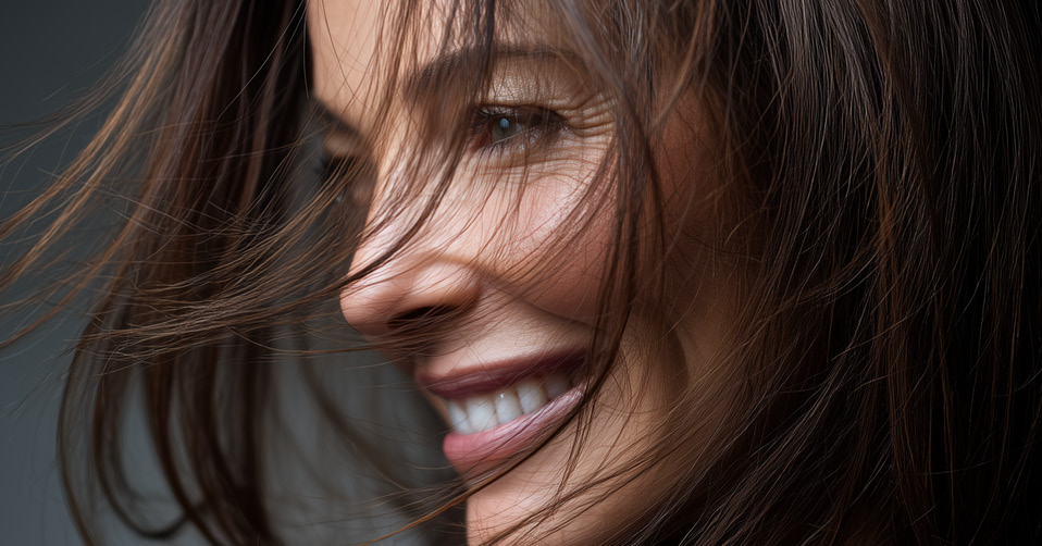 Frau mit braunen Haaren. Profilansicht, lächelnd.