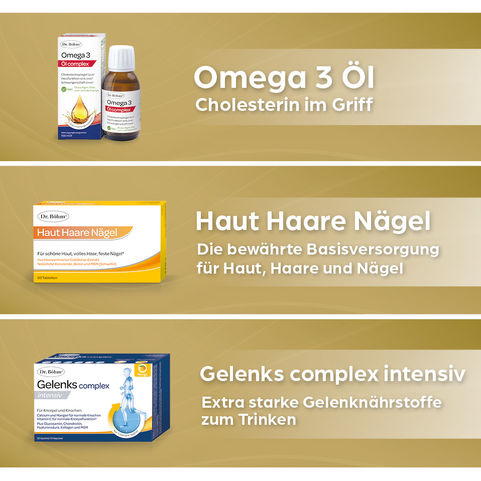 Drei Produktverpackungen: Omega 3 Öl, Haut Haare Nägel, Gelenks complex intensiv.