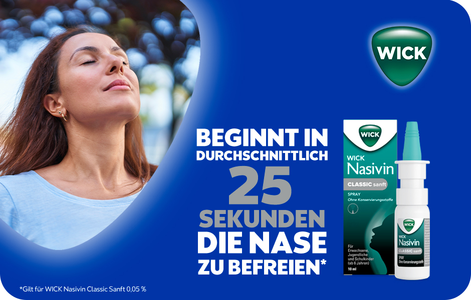 Frau mit geschlossenen Augen. Text: Befreit die Nase in 25 Sekunden. WICK Nasivin Classic sanft 0,05%.