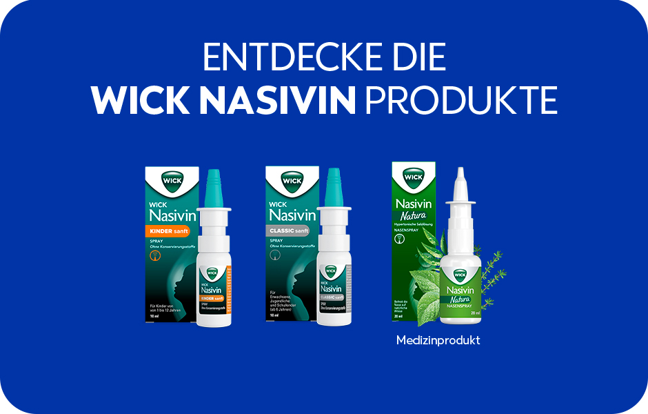 Verschiedene Nasensprays. Text: Entdecke die WICK Nasivin Produkte. Verschiedene Produkte.