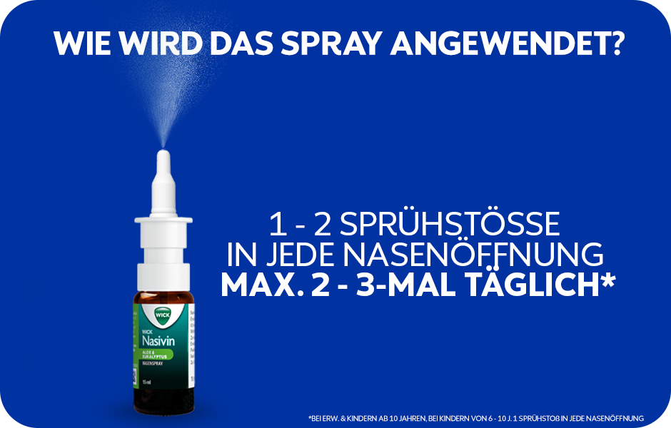 Nasivin® Aloe & Eukalyptus Nasenspray. Anwendung: 1-2 Sprühstöße in jedes Nasenloch, max. 2-3 mal täglich.