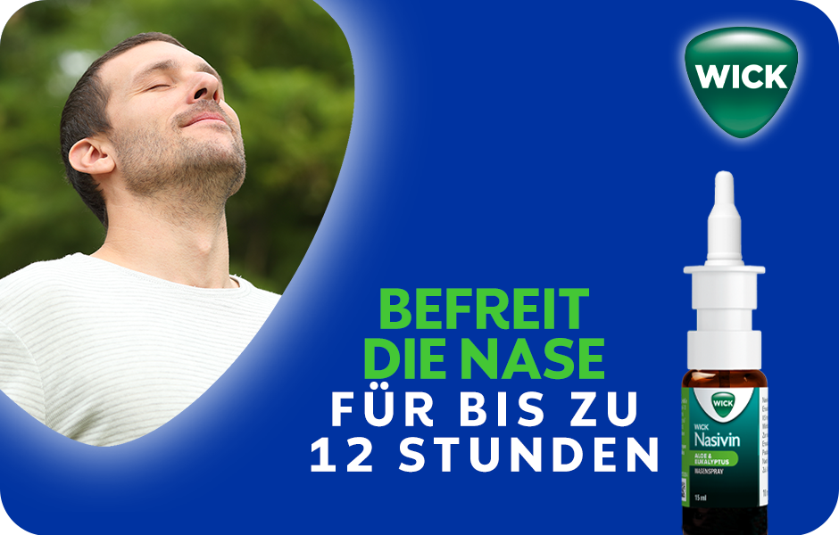 Mann atmet frei. Nasivin® Aloe & Eukalyptus Nasenspray und Text: Befreit die Nase für bis zu 12 Stunden.
