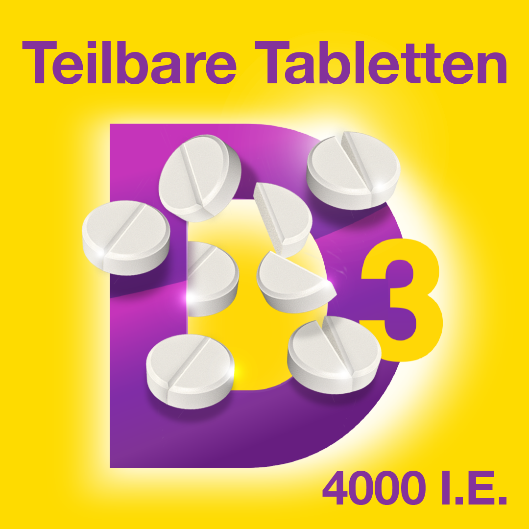 VIGANTOLVIT Vitamin D3 4000 I.E. Packung mit 60 Tabletten und zwei einzelnen Tabletten.