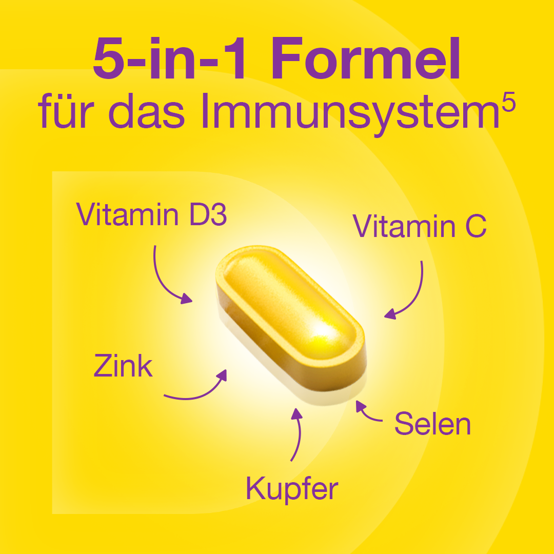 5-in-1 Formel für das Immunsystem mit Vitamin D3, Vitamin C, Zink, Selen und Kupfer. Gelbe Darstellung einer Tablette.