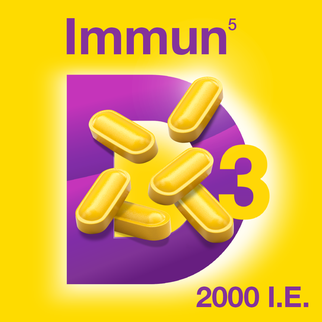 VIGANTOLVIT IMMUN D3 mit 2000 I.E. Mehrere gelbe Tabletten liegen auf einer großen D3-Grafik.