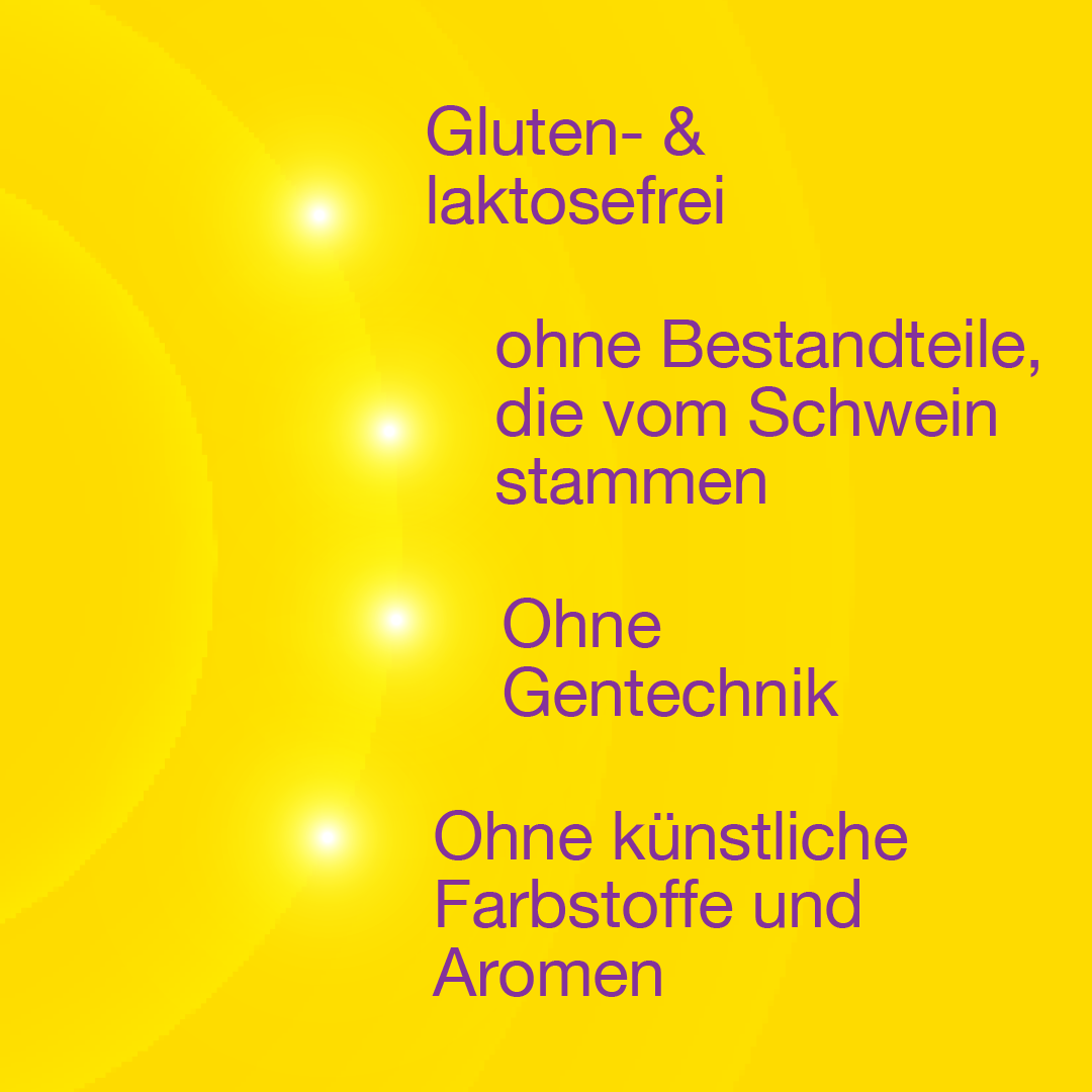 Gluten- & laktosefrei, ohne Schweinebestandteile, Gentechnik, künstliche Farb- und Aromastoffe. Gelber Hintergrund.