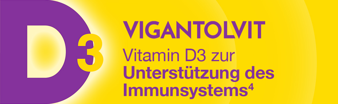 VIGANTOLVIT D3 Vitamin D zur Unterstützung des Immunsystems. Gelbe und orangefarbene Grafik.