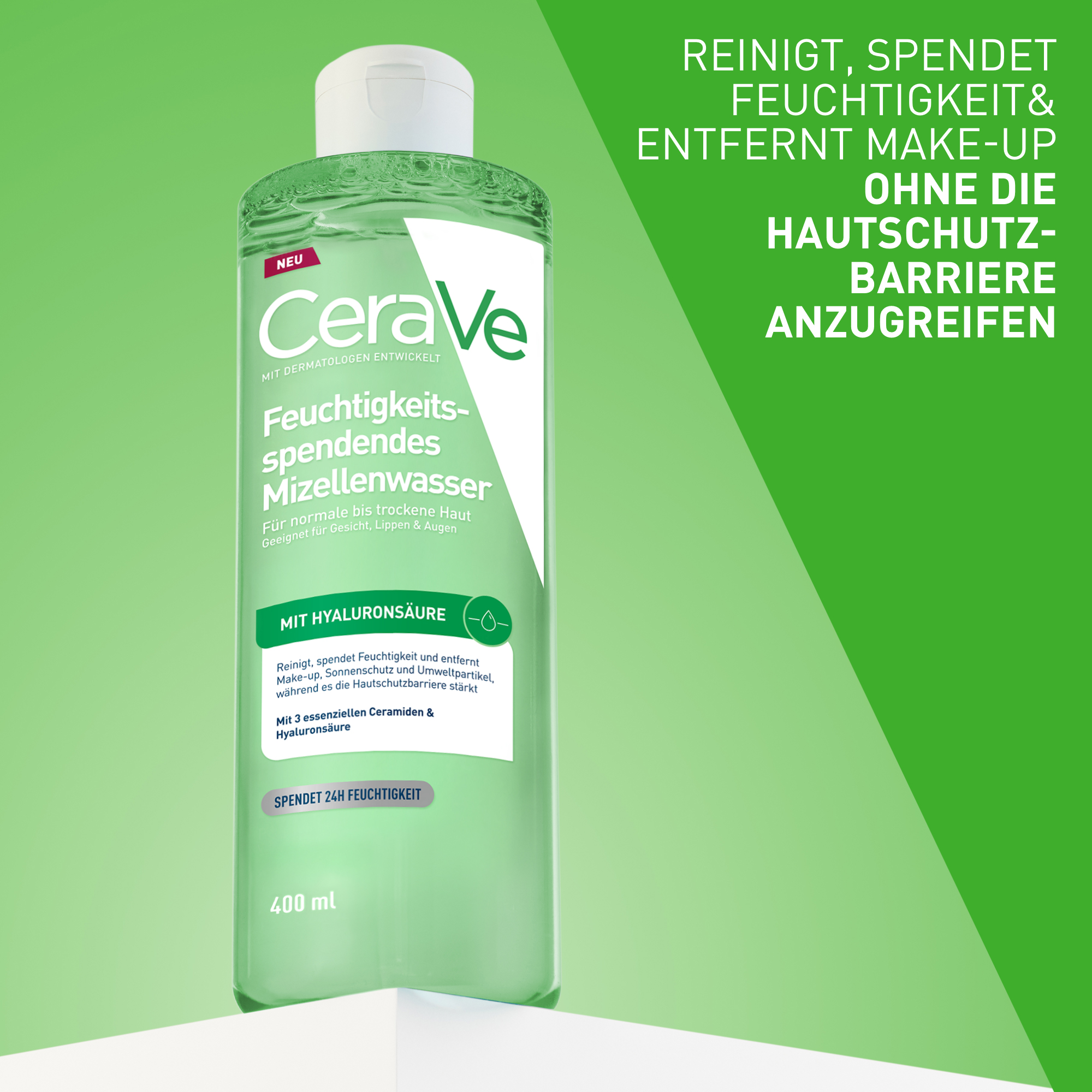 CeraVe Mizellenwasser reinigt, spendet Feuchtigkeit und entfernt Make-up ohne die Hautschutzbarriere anzugreifen.