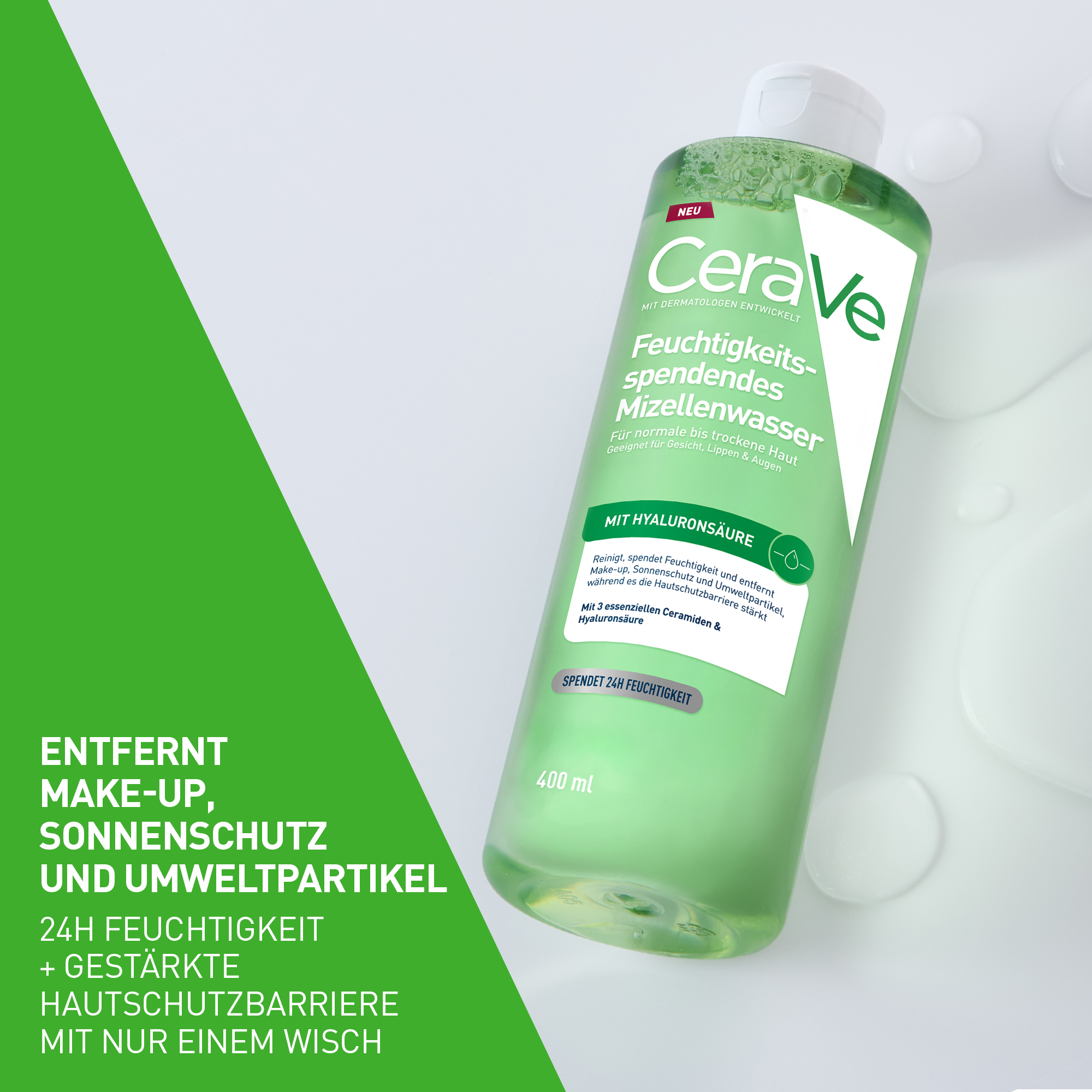 CeraVe Mizellenwasser entfernt Make-up, spendet 24h Feuchtigkeit und stärkt die Hautschutzbarriere.