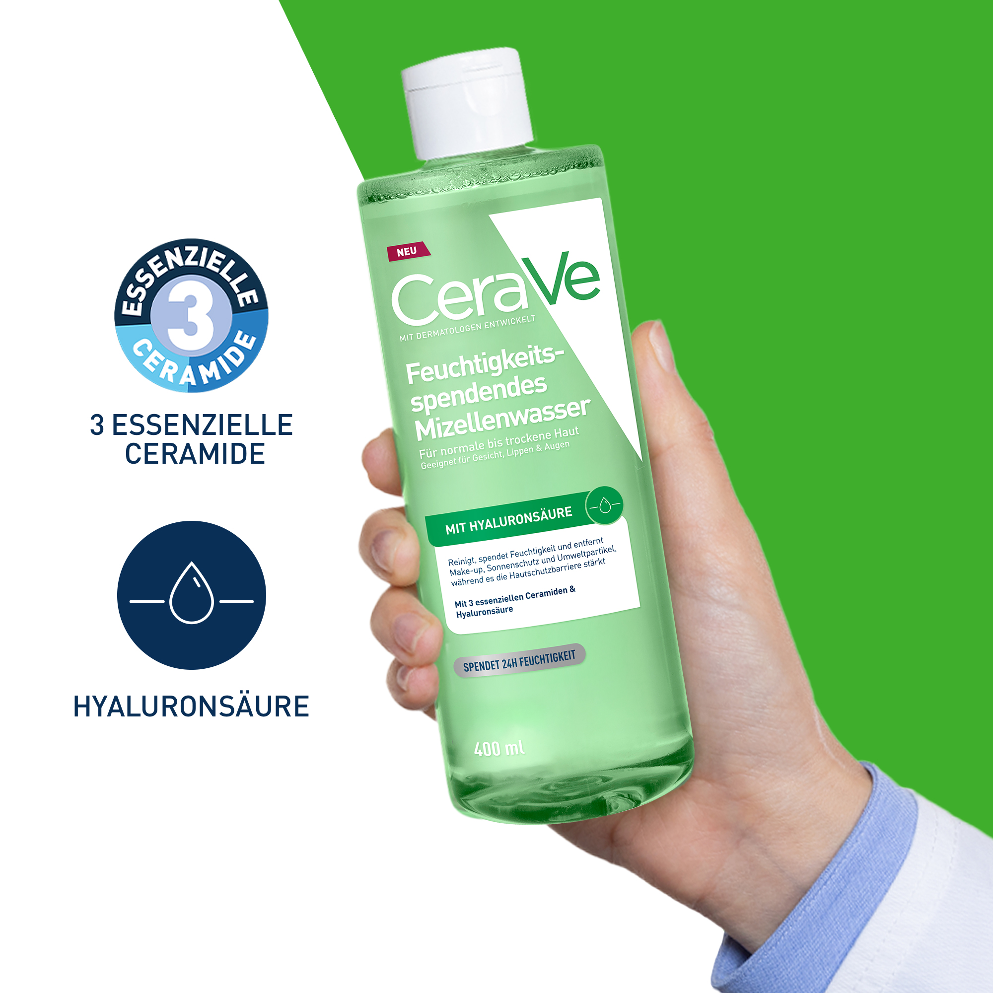 CeraVe Mizellenwasser mit Hyaluronsäure und 3 essentiellen Ceramiden.