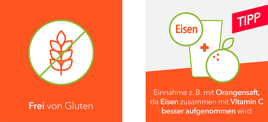 Symbol: Glutenfrei. Symbol: Eisen und Orange. Text: Einnahme z.B. mit Orangensaft, da Eisen besser aufgenommen wird.