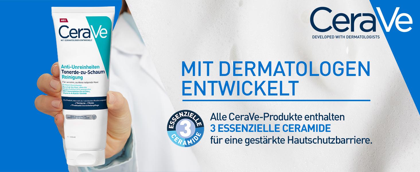 CeraVe Tube wird gehalten, mit Text 'Mit Dermatologen entwickelt' und '3 Essentielle Ceramide'.