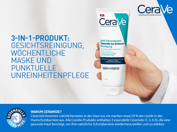 CeraVe Tube mit Text '3-in-1-Produkt: Gesichtsreinigung, Maske, punktuelle Unreinheitenpflege'.
