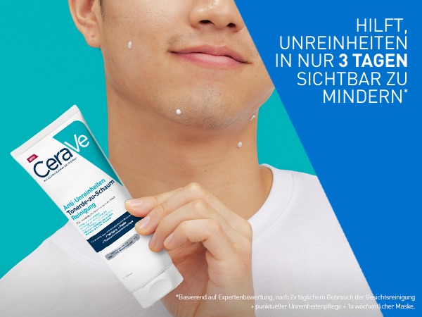 Mann mit CeraVe Tube, Text 'Hilft, Unreinheiten in nur 3 Tagen sichtbar zu mindern'.