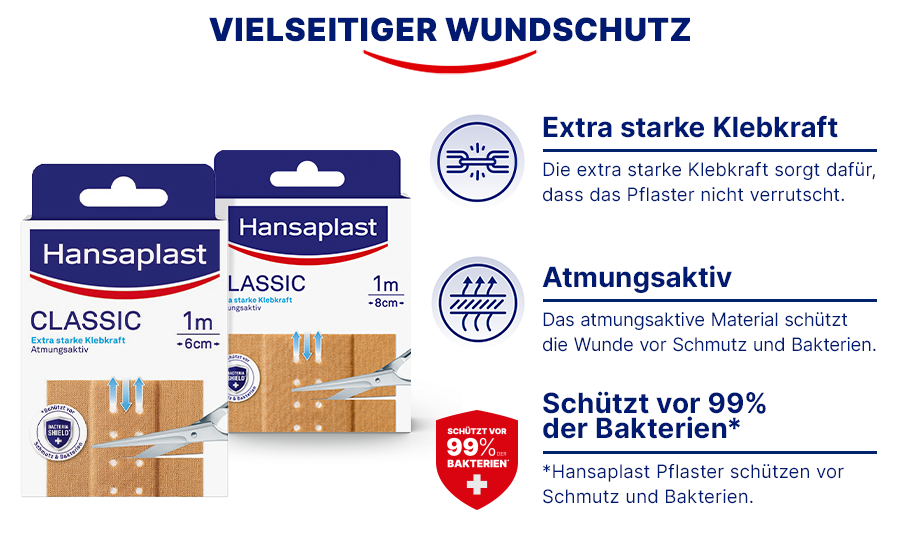 Zwei Pflasterpackungen. Text: Vielseitiger Wundschutz. Extra starke Klebkraft, atmungsaktiv, Bakterienschutz.