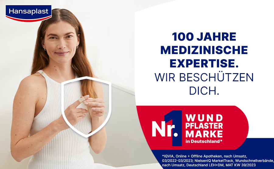 Text: Sanfter Wundschutz. Für empfindliche Haut. Hautfreundlich und atmungsaktiv. Schützt vor 99% der Bakterien.