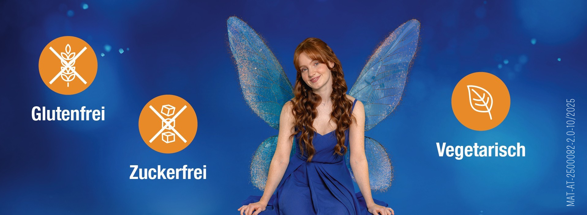 Fee mit Flügeln. Text: Glutenfrei, zuckerfrei, vegetarisch.