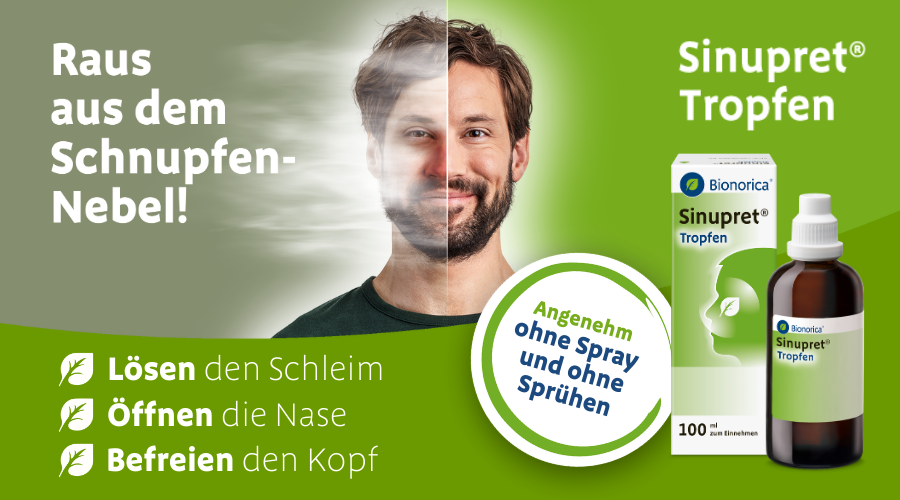 Mann mit freier Nase. Sinupret® Tropfen. Marke Bionorica. 100 ml.