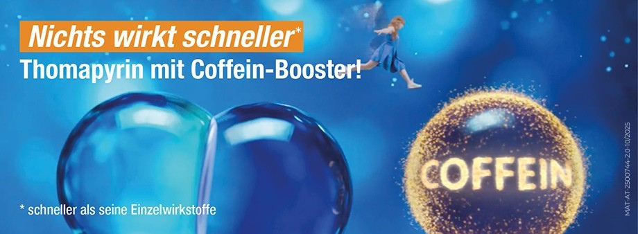 Person springt. Text: Nichts wirkt schneller dank Coffein-Booster!