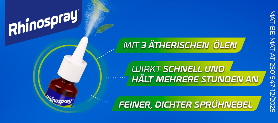 Rhinospray® plus ätherische Öle Nasenspray Flasche. Sprühnebel. Text: Mit 3 ätherischen Ölen. Wirkt schnell und hält an.