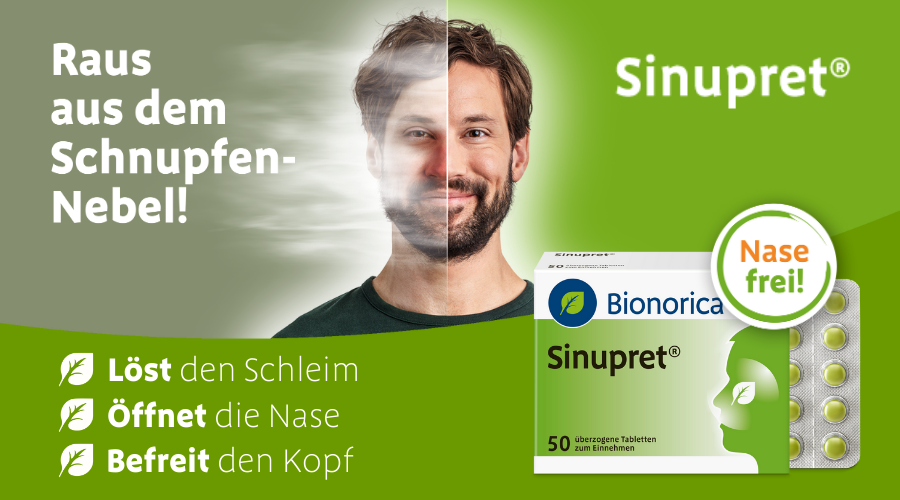 Mann mit freier Nase. Sinupret® Packung und Blister. Text: Nase frei! Löst Schleim, öffnet Nase.