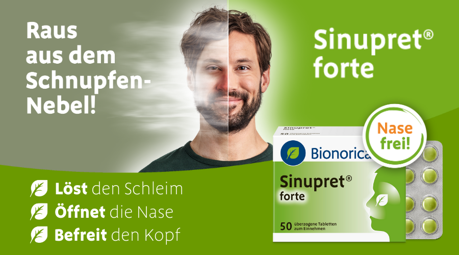 Werbung mit Mann, Sinupret® forte Packung und Blister. Text: Nase frei! Löst Schleim, öffnet Nase, befreit Kopf.