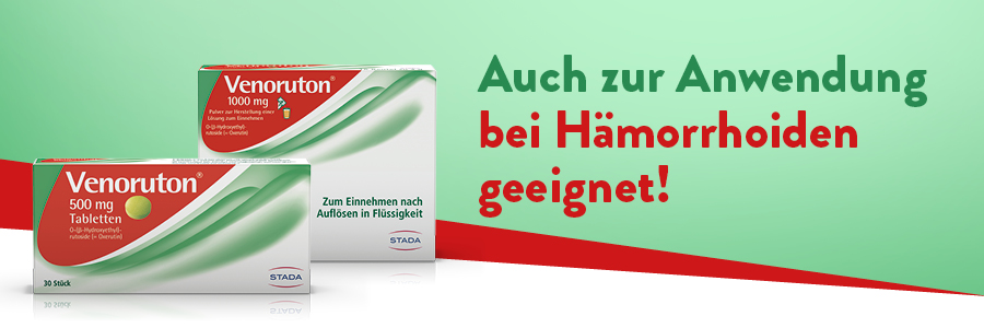 Werbung für Venoruton® 1000 mg Pulver und 500 mg Tabletten. Text: Anwendung ab dem 4. Schwangerschaftsmonat möglich!