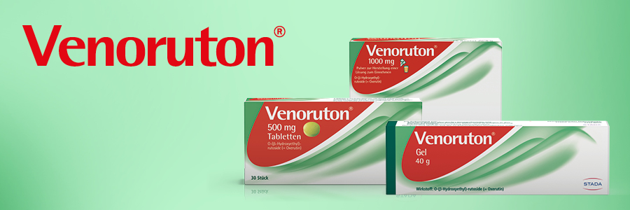 Venoruton® Logo und Produktabbildungen: 1000 mg Pulver, 500 mg Tabletten, Gel 40 g.
