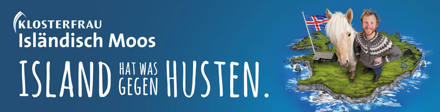 KLOSTERFRAU Isländisch Moos Husten. Island-Motiv mit Text. Island hat was gegen Husten.