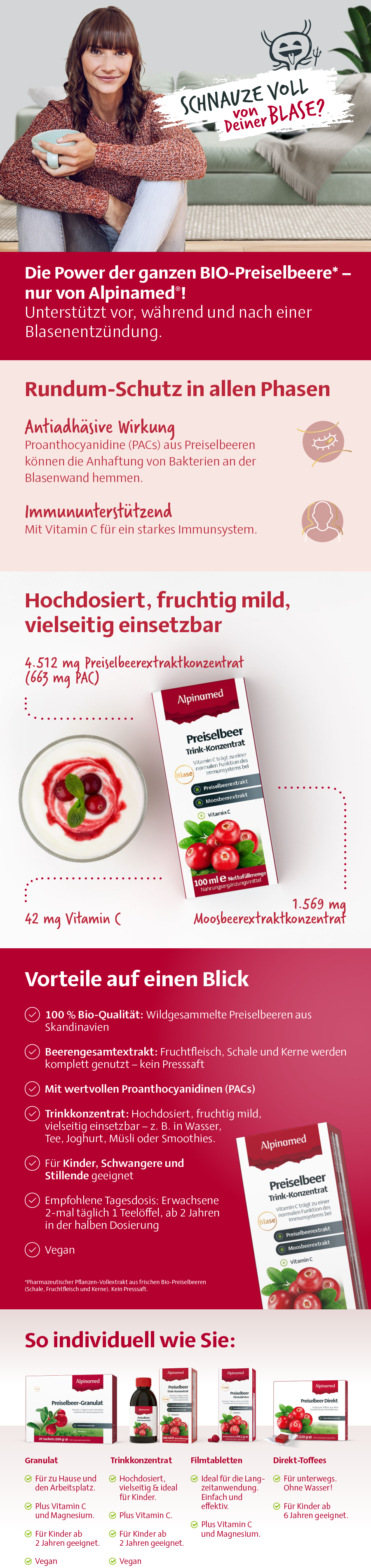 Werbebanner für Alpinamed Preiselbeer. Produktabbildungen, Text, Illustrationen und Informationen.