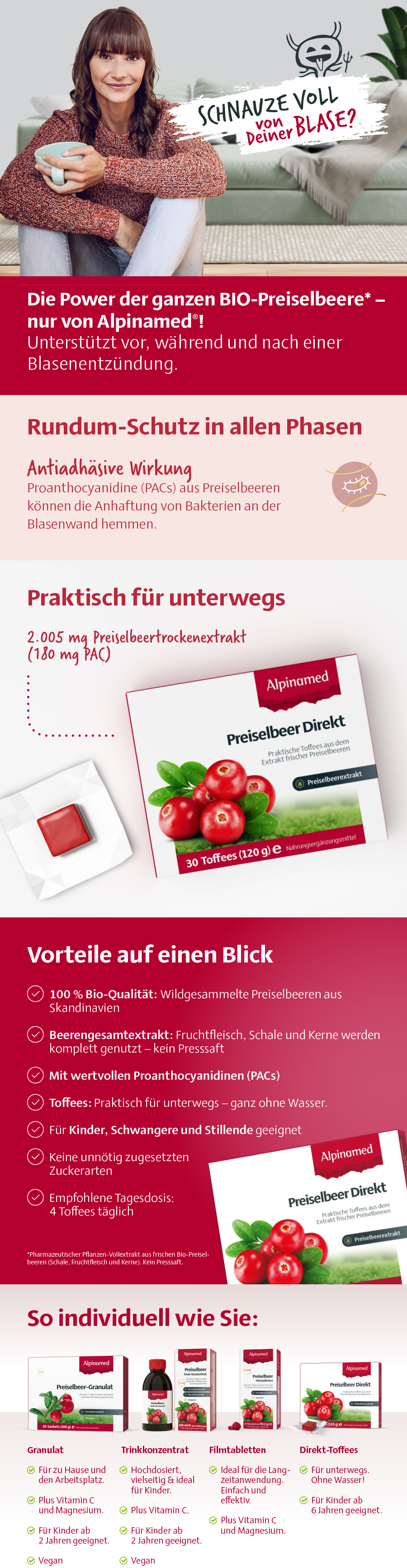 Infografik: Vorteile von Alpinamed Preiselbeer Direkt. Übersicht über die Produkte und Vorteile.