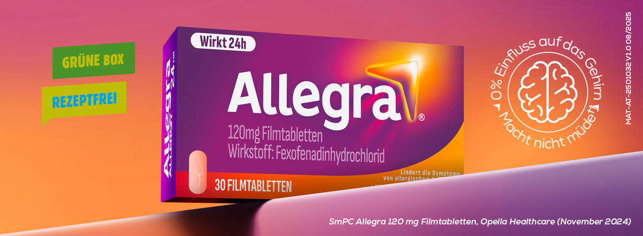 Allegra 120mg Filmtabletten-Packung. Grün: Rezeptfrei. 0% Einfluss auf das Gehirn. Macht nicht müde.